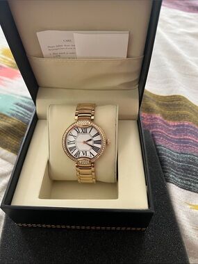 QVC Bronzo Italia Women’s gold tone 36mm quartz watch with pave crystals